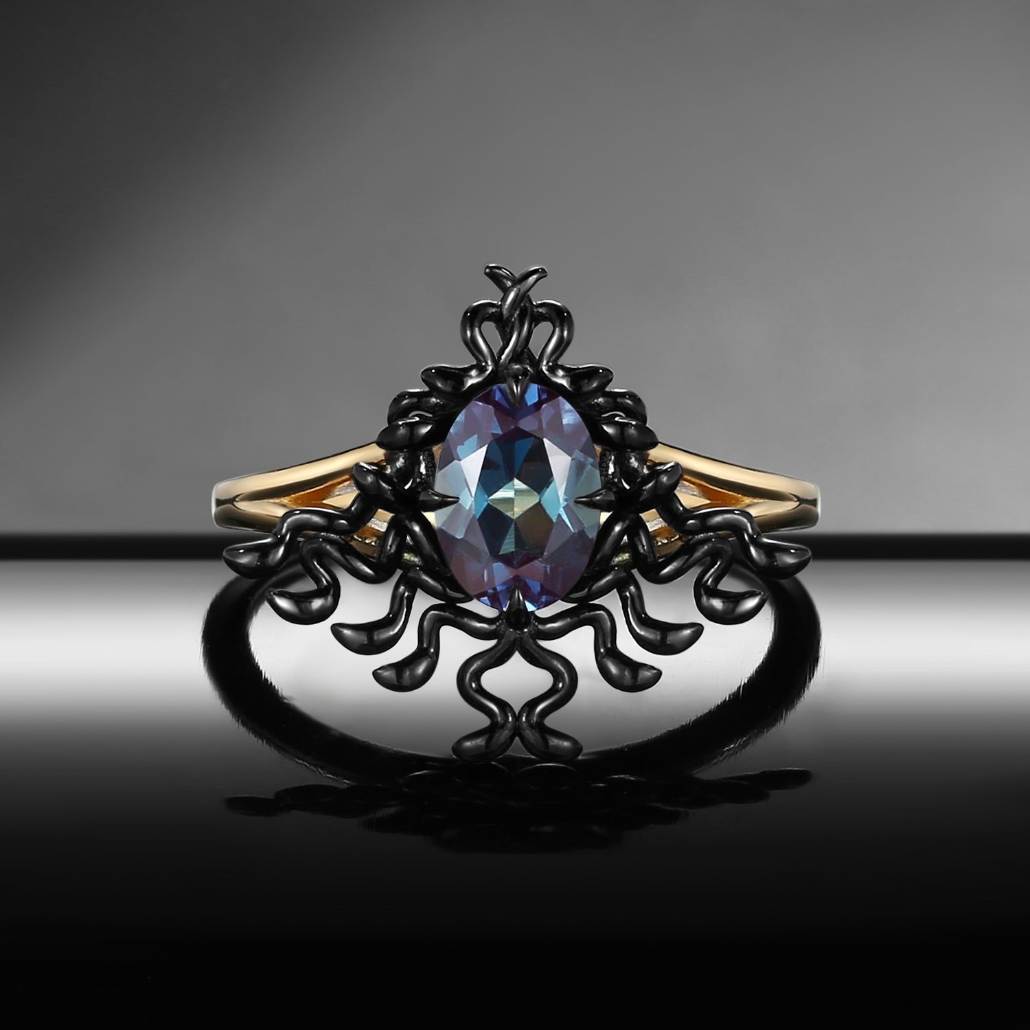 Unique Snake Inspired Oval Cut Lab Alexandrite Gothic Style Engagement Ring