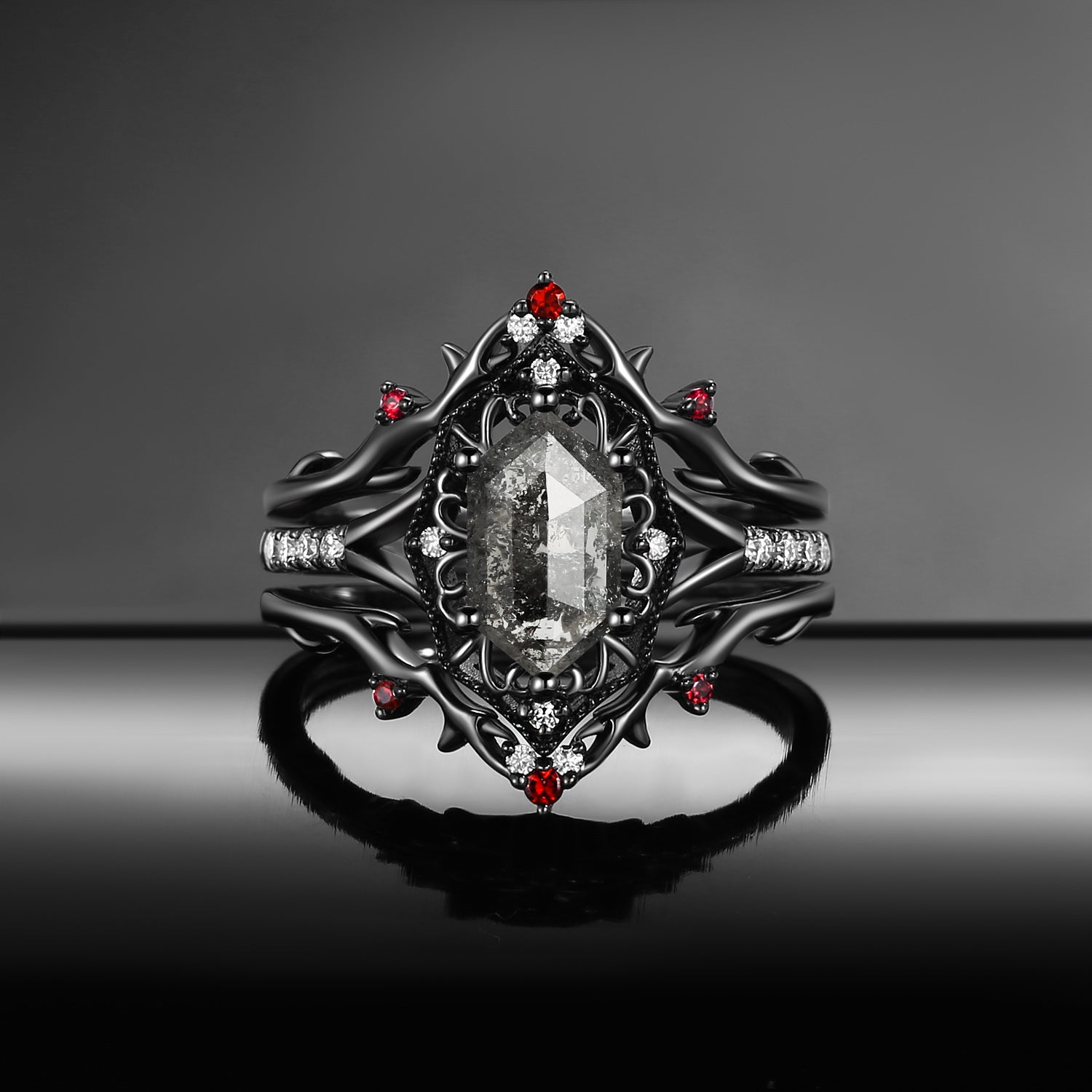 Gothic Inspired Hexagon Cut Salt & Pepper Diamond Vampire Shield Engagement Ring Set 3pcs