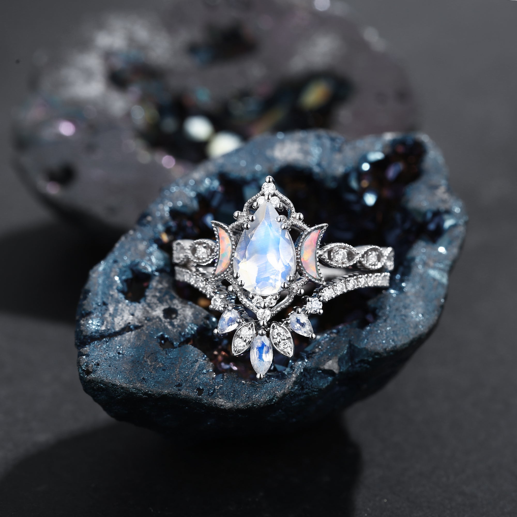 Crescent Moon | Pear Cut Moonstone 'Ultra Galaxy' Engagement