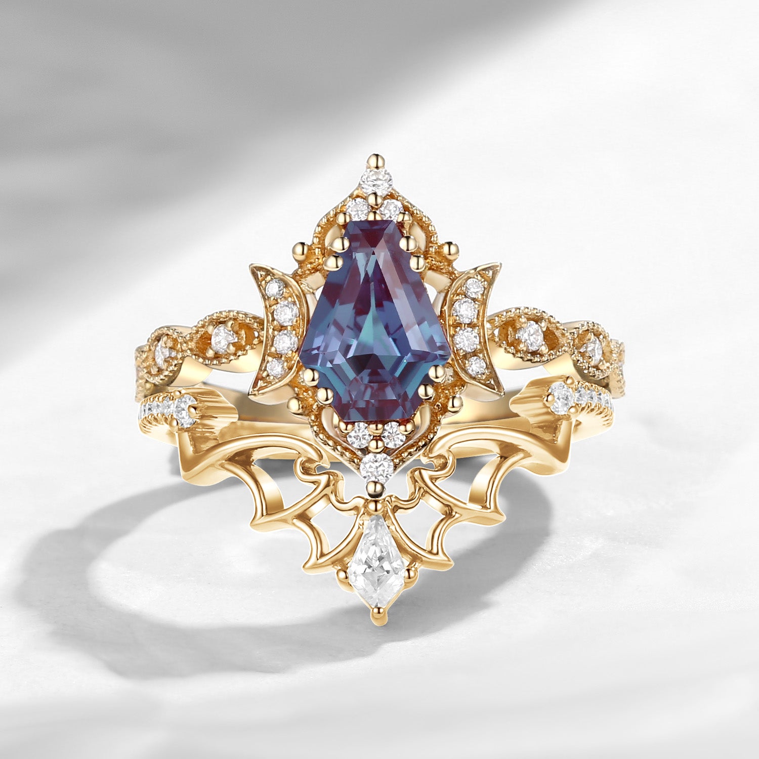 Crescent Moon | Vintage Inspired Coffin Shaped Lab Alexandrite Engagement Ring Set 2pcs