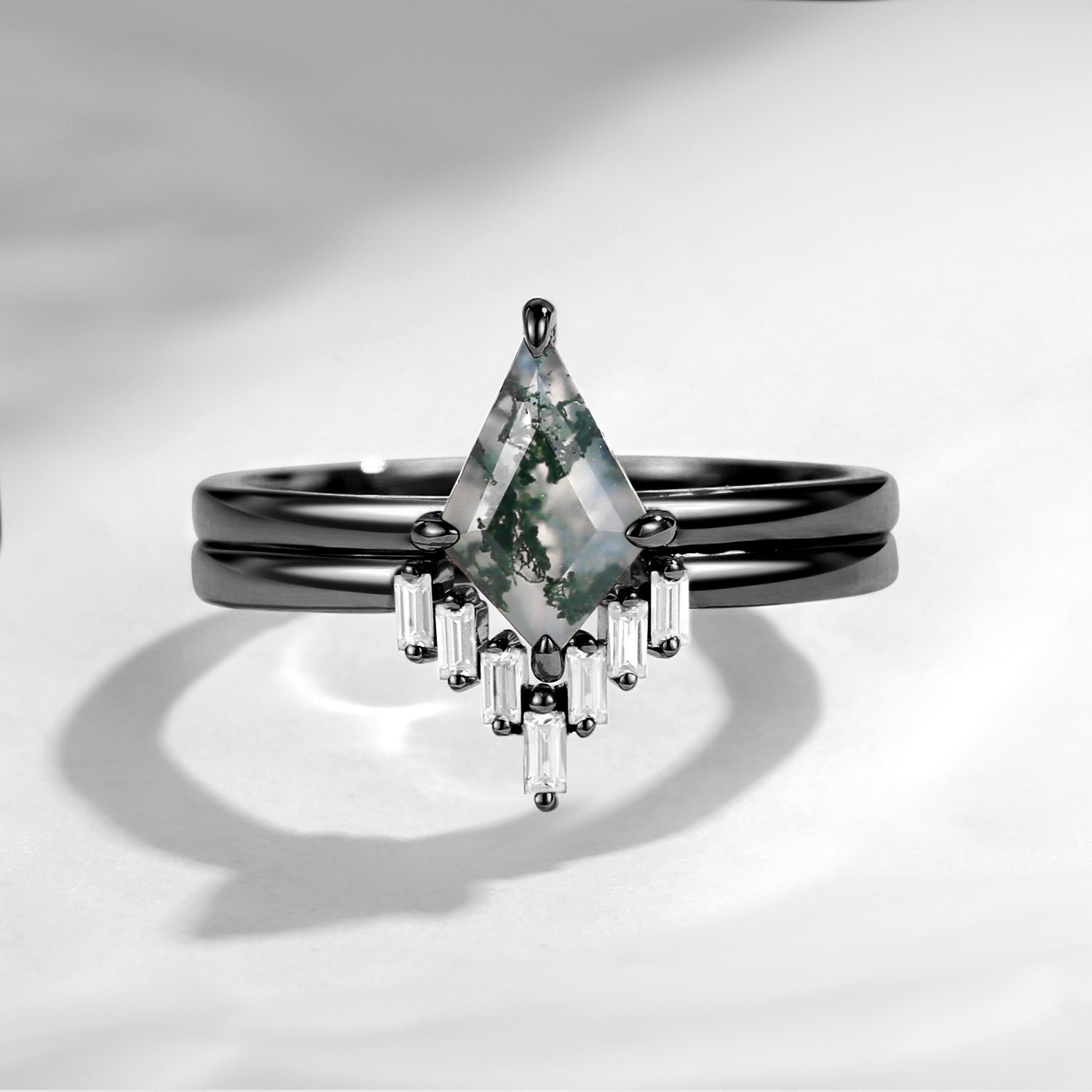 Classic Kite Cut Moss Agate Black Gold Engagement Ring 2pcs