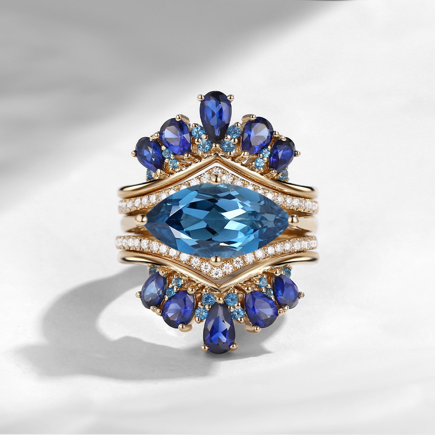 Maximalist Vintage Marquise Blue Topaz 'Royal Extravaganza' Ring Set 5pcs