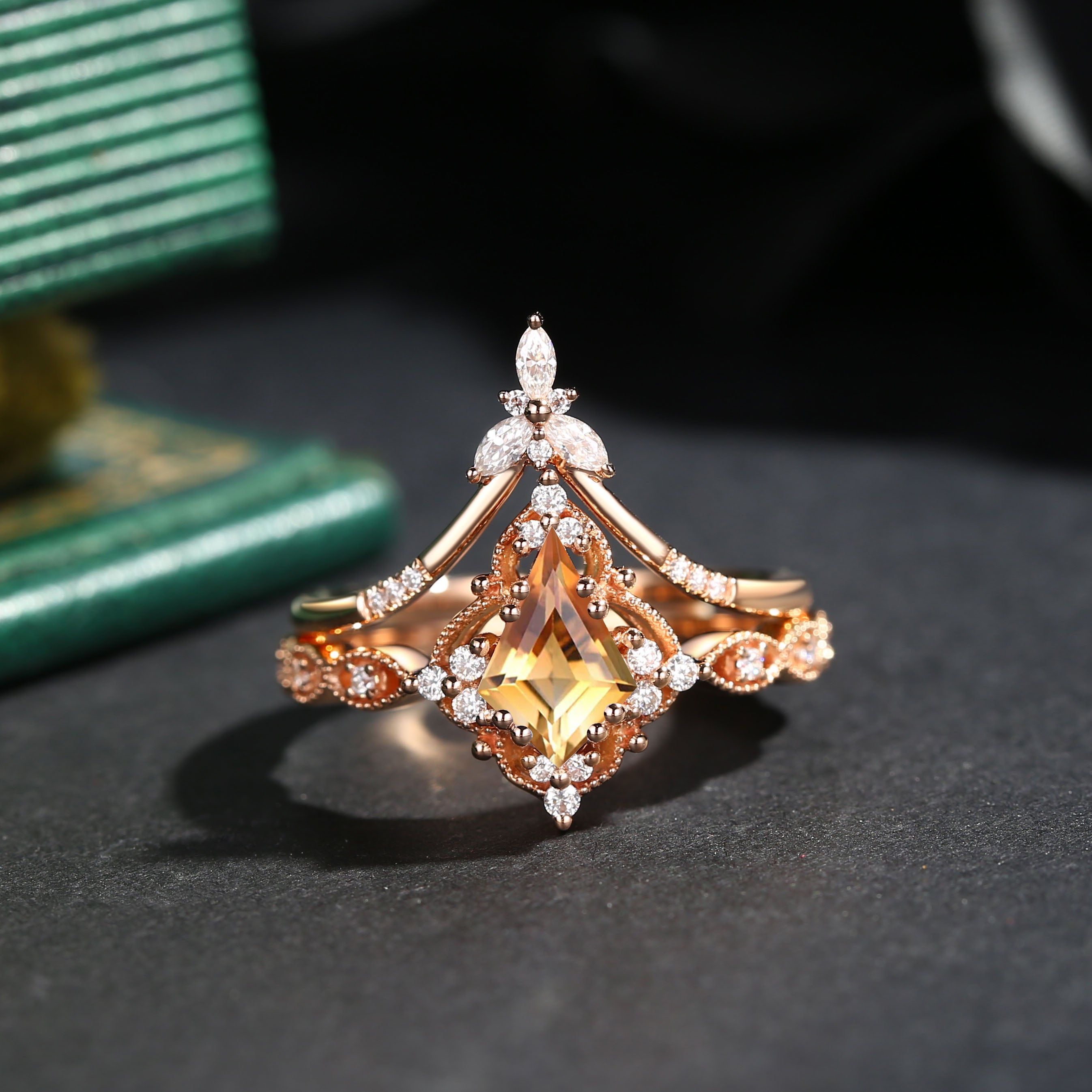Kite Cut Yellow Sapphire Vintage Inspired Engagement Ring Set 2pcs