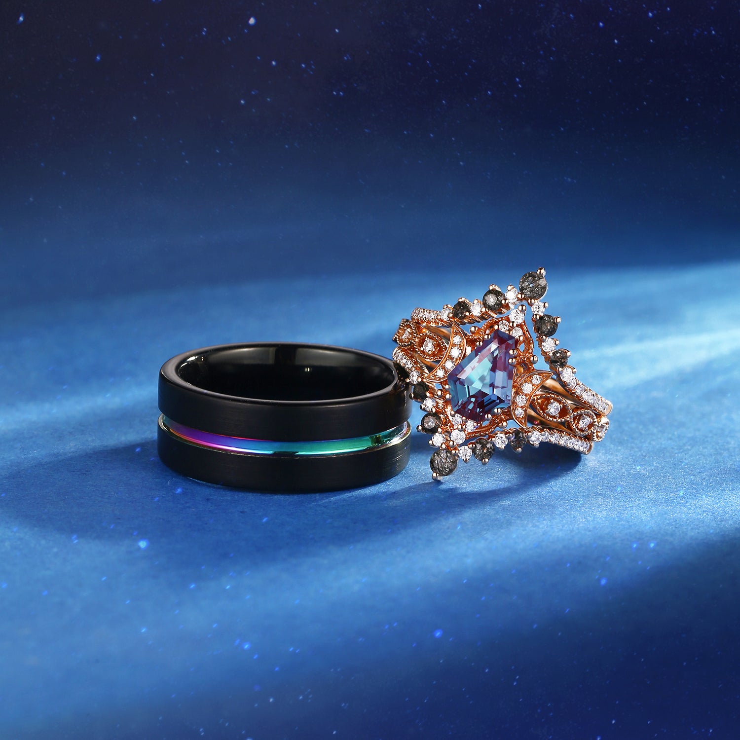 Crescent Moon | Coffin Faceted Lab Alexandrite Rainbow Electroplated Couple Bridal Ring Set