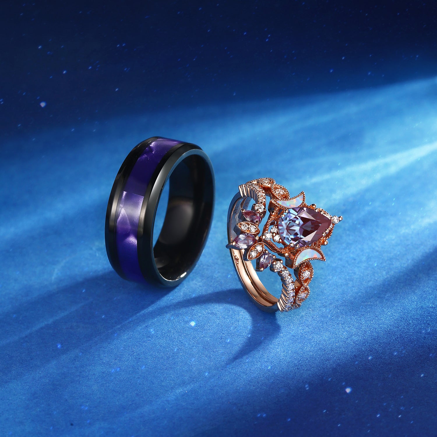 Crescent Moon | Pear Cut Lab Alexandrite 'Ultra Galaxy' Violet Electroplated Couple Bridal Ring Set