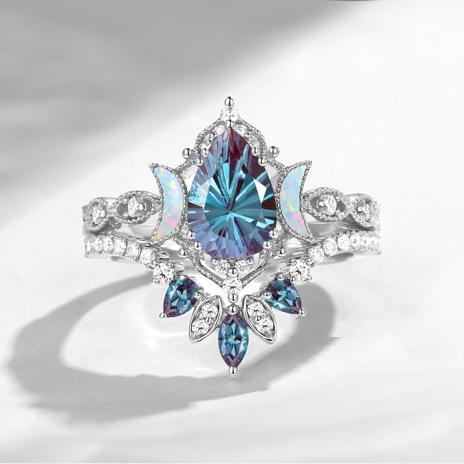 Crescent Moon | Firework Cut Pear Shaped Lab Alexandrite 'Ultra Galaxy' Engagement Ring Set 2pcs
