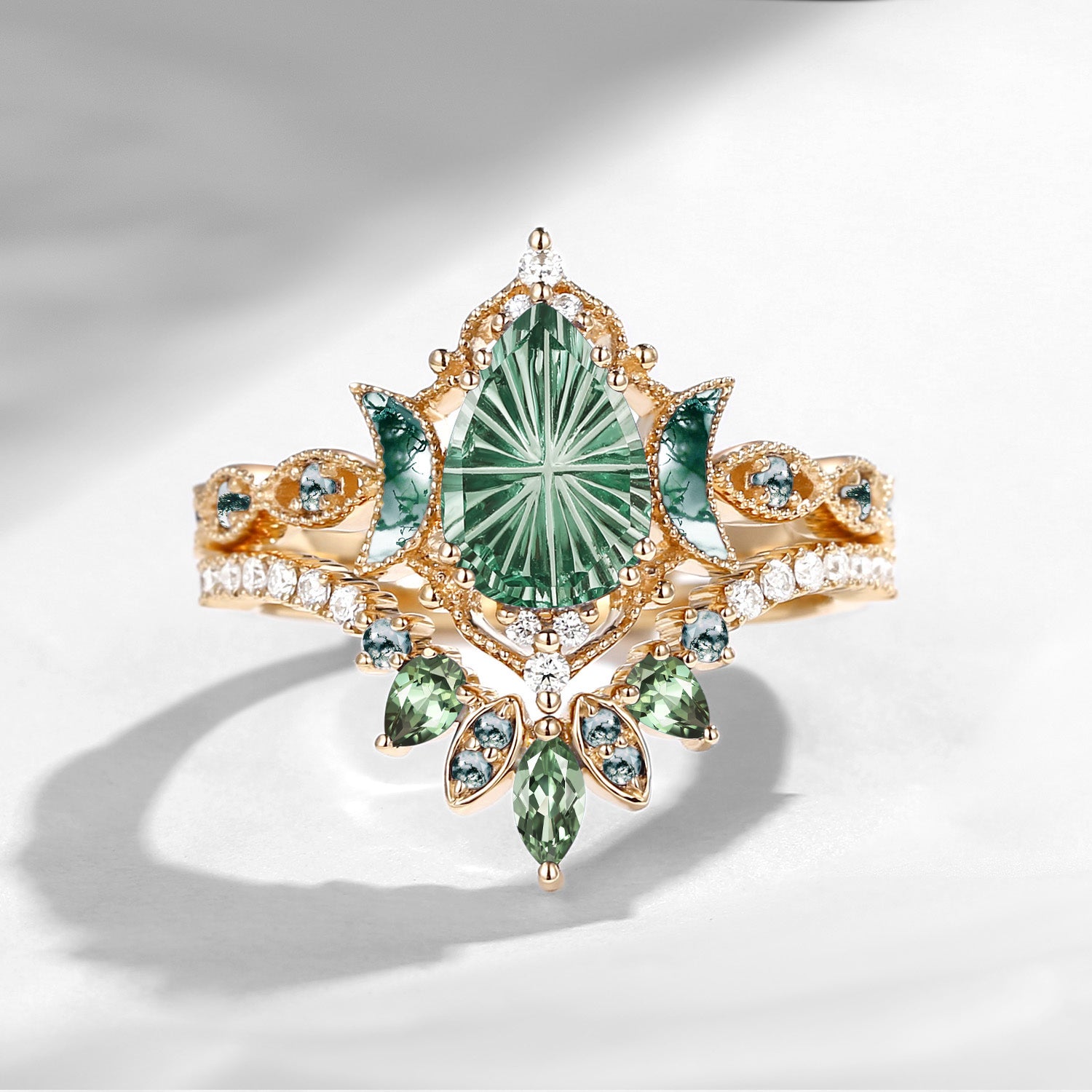 Crescent Moon | Fantasy Carved Pear Lab Green Sapphire 'Ultra Galaxy' Engagement Ring Set 2pcs