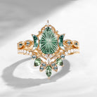 Crescent Moon | Fantasy Carved Pear Lab Green Sapphire 'Ultra Galaxy' Engagement Ring Set 2pcs