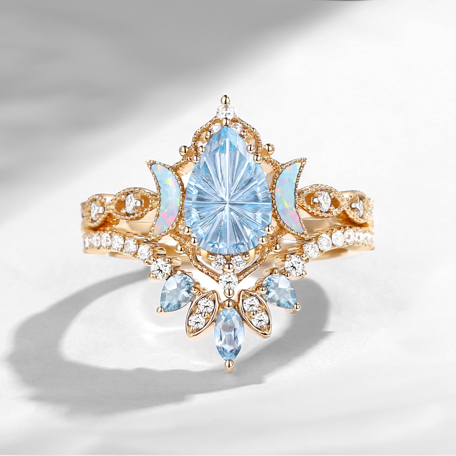 Crescent Moon | Firework Cut Pear Shaped Natural Aquamarine 'Ultra Galaxy' Engagement Ring Set 2pcs