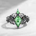 Gothic Style Unique Kite Cut Lab Tsavorite Bat Wing Inspired Thorns Engagement Ring Set 2pcs - Bat Ring