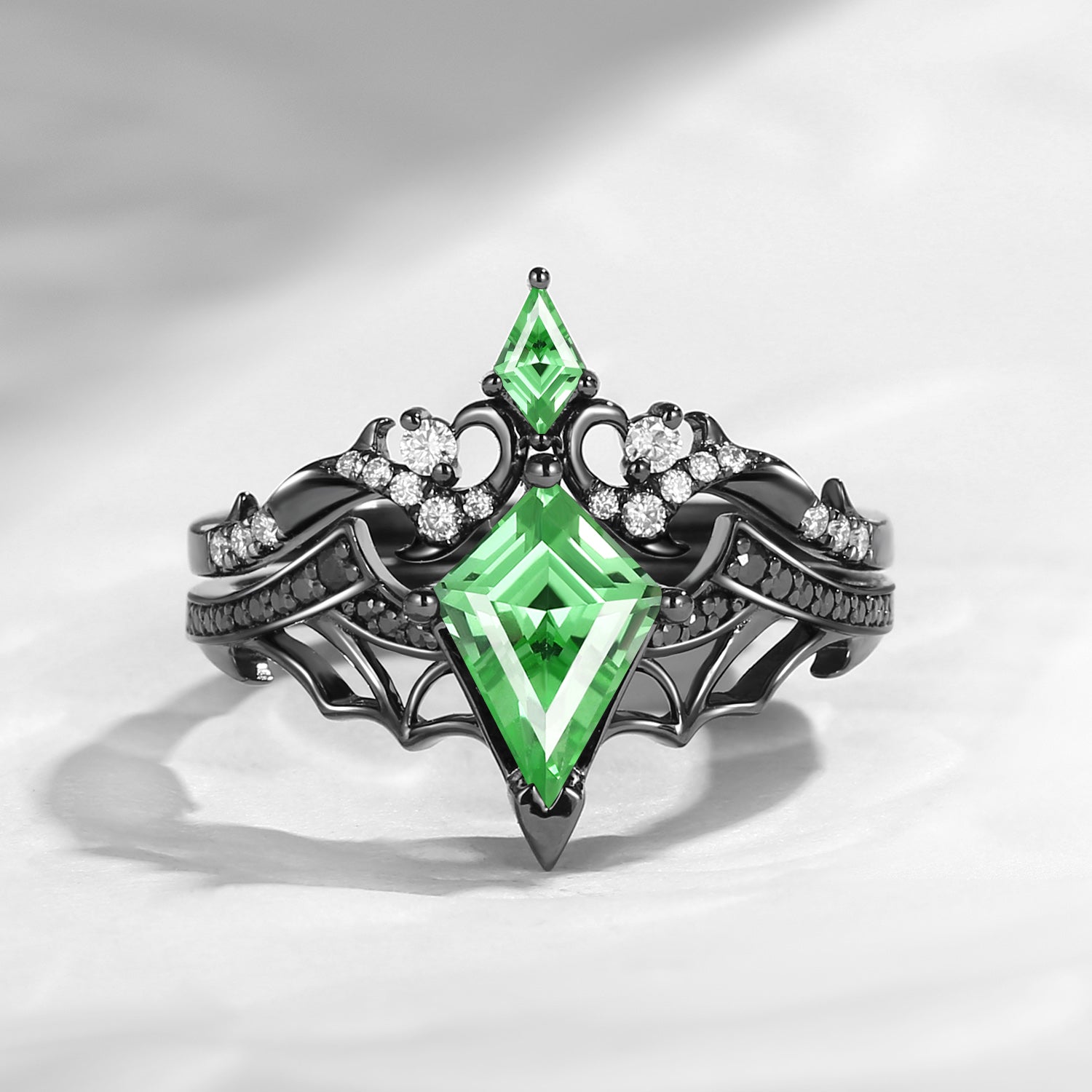 Gothic Style Unique Kite Cut Lab Tsavorite Bat Wing Inspired Thorns Engagement Ring Set 2pcs - Bat Ring