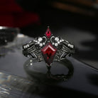 Kite Cut Garnet Bat Wing Inspired Thorns Engagement Ring Set 2pcs - Bat Ring