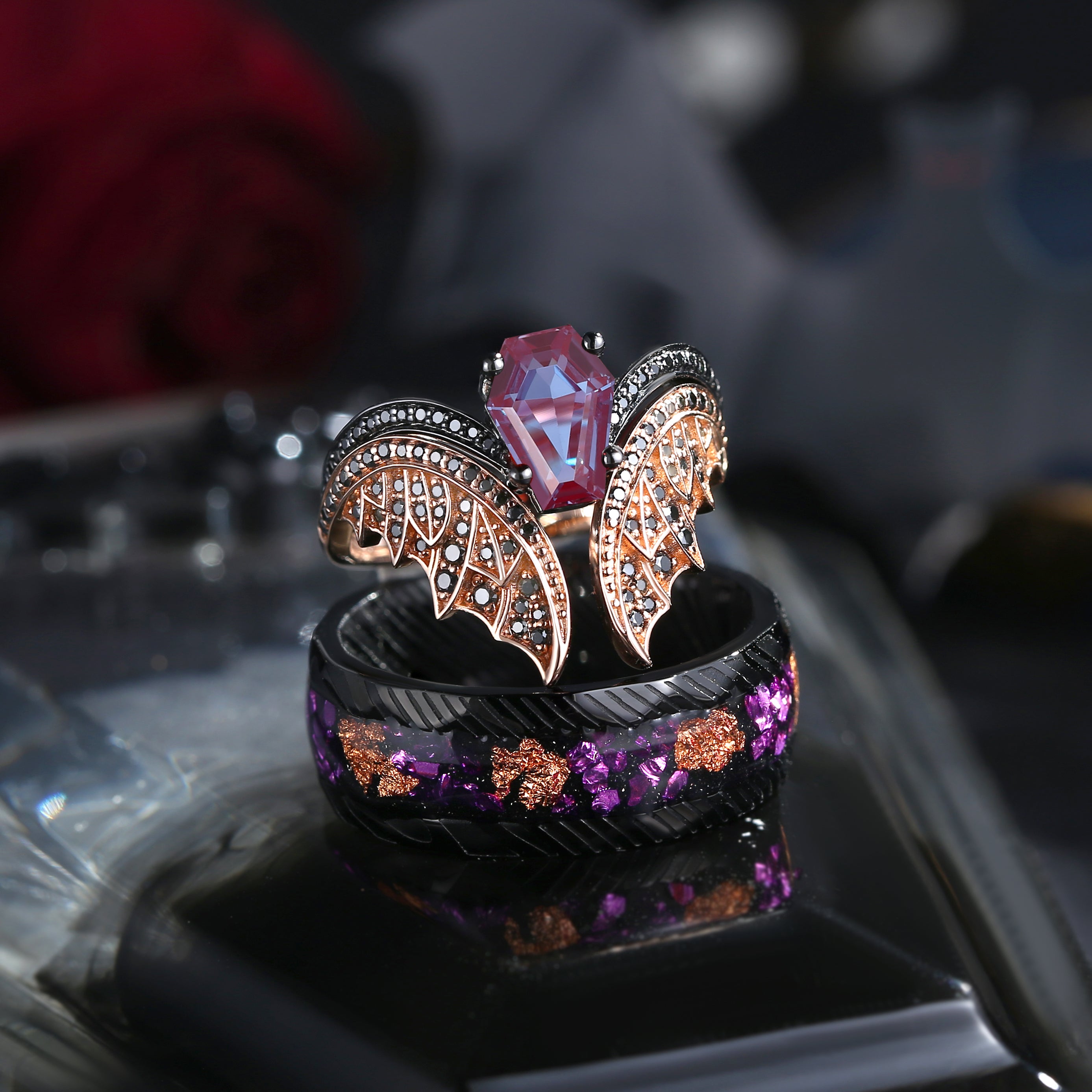 Bat Wing Inspired Coffin Lab Alexandrite With Amethyst And Gold Leaf Couple Bridal Ring Set
