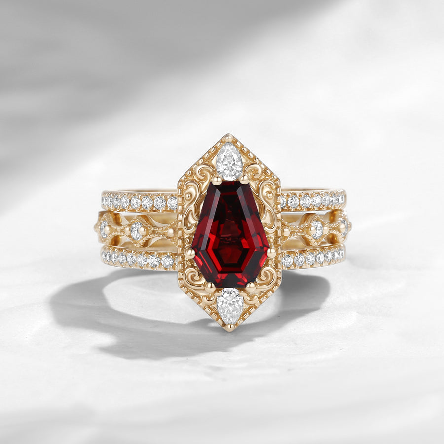Fallen Aegis gothic coffin garnet ring with vintage filigree engraving