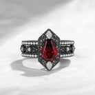 Nontraditional Coffin Cut Garnet Vampire Shield Engagement Ring Set 3pcs