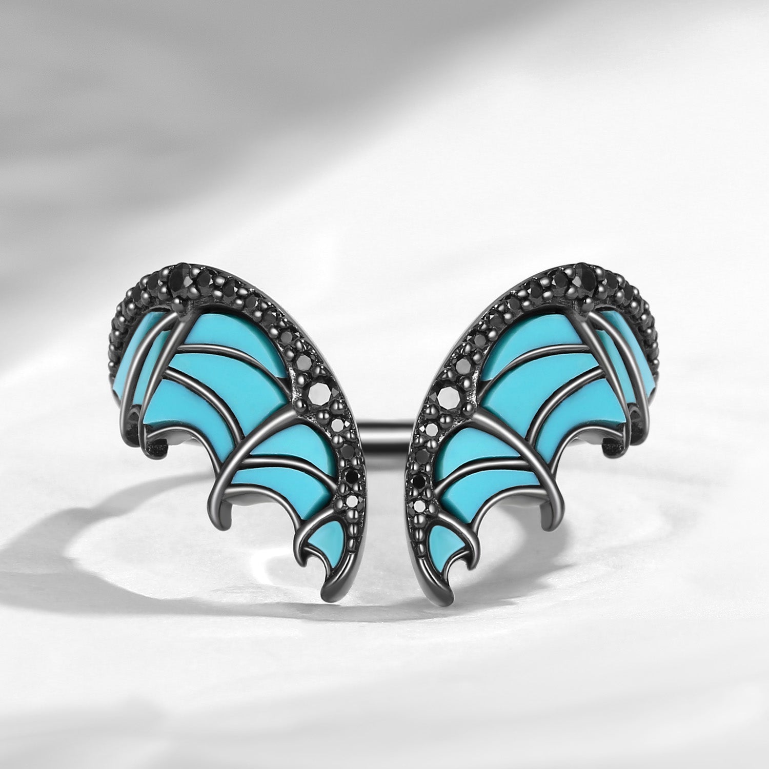 Curved Bat Wing Inspired Turquoise Black Gold Wedding Enhancer Ring