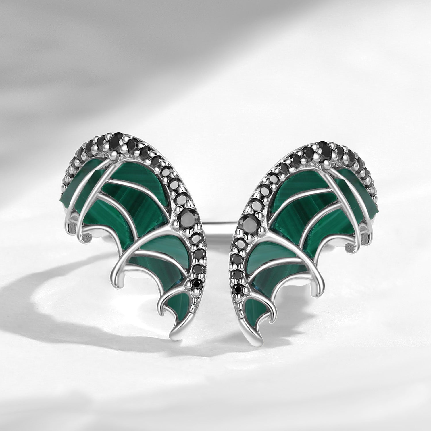 Unique Bat Wing Inspired Curved Malachite Wedding Enhancer Ring