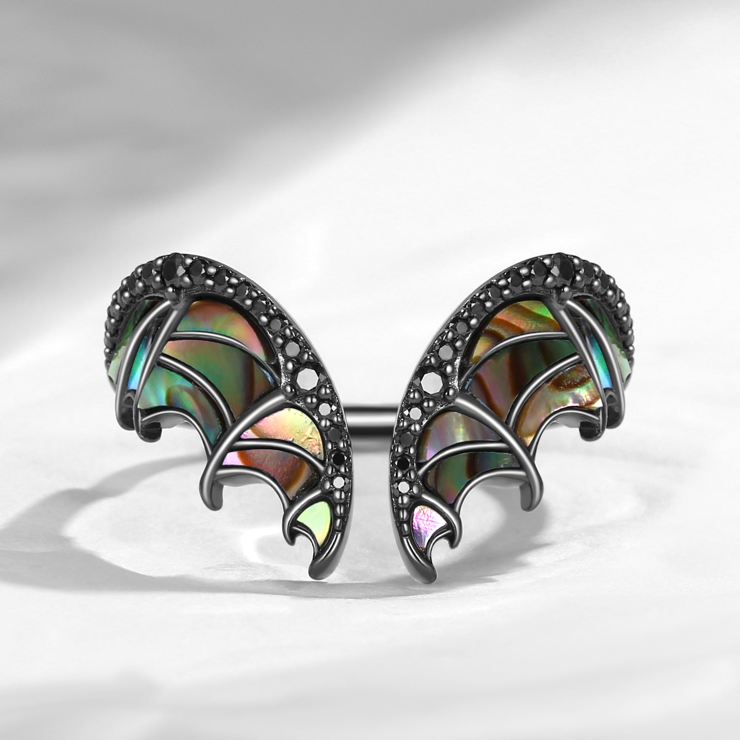 Curved Bat Wing Inspired Abalone Shell Black Gold Wedding Enhancer Ring