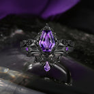 'Dark Romance' — Gothic Coffin Cut Amethyst Engagement Ring Set with Bat Wings in Black Gold