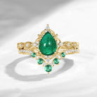 Antique Pear Cut Natural Emerald Engagement Ring 2pcs