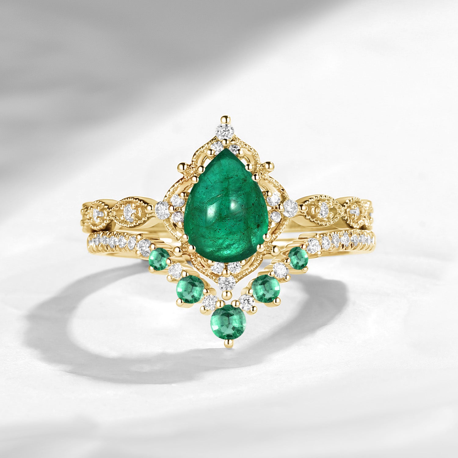 Antique Pear Cut Natural Emerald Engagement Ring 2pcs