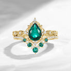 Antique Pear Cut Lab Emerald Engagement Ring 2pcs