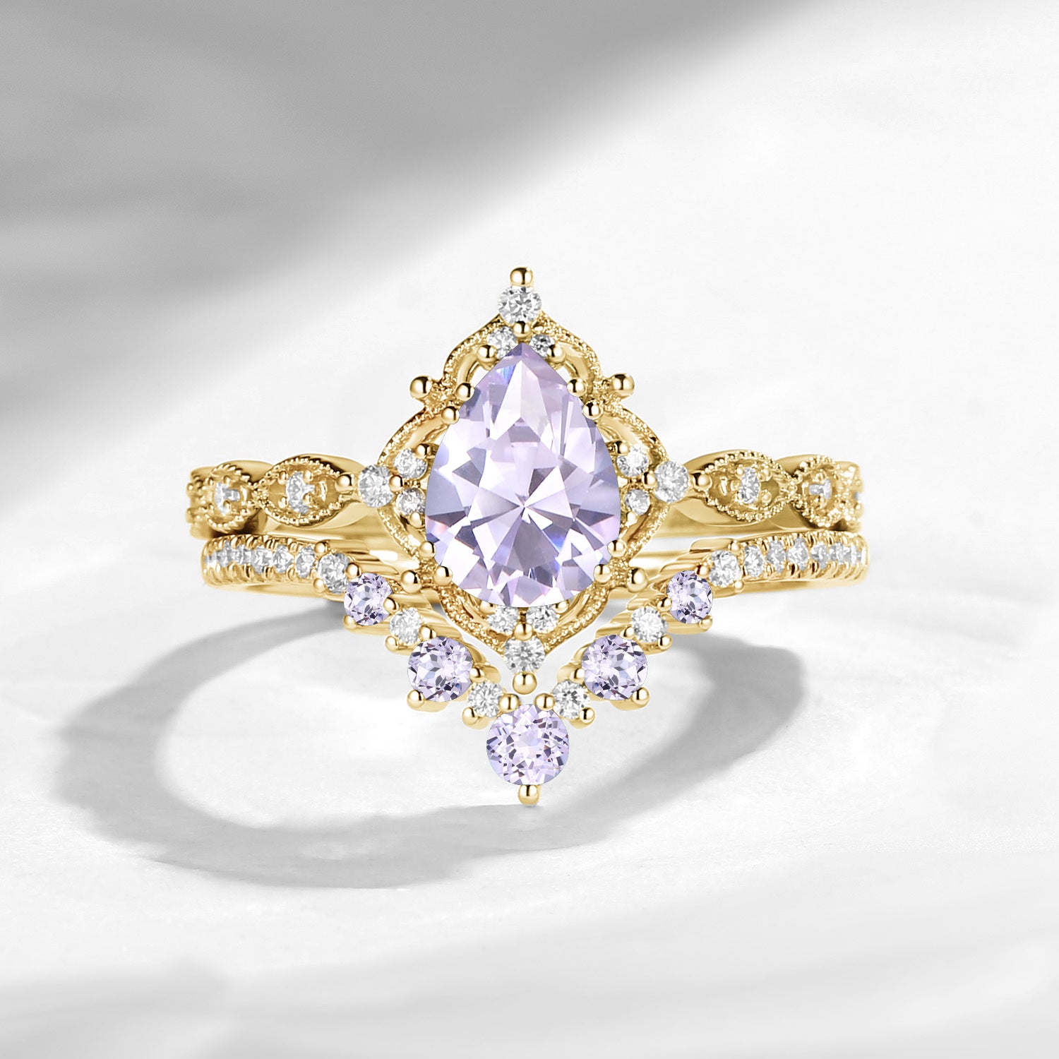 Antique Pear Cut Lab Lavender Sapphire Engagement Ring 2pcs