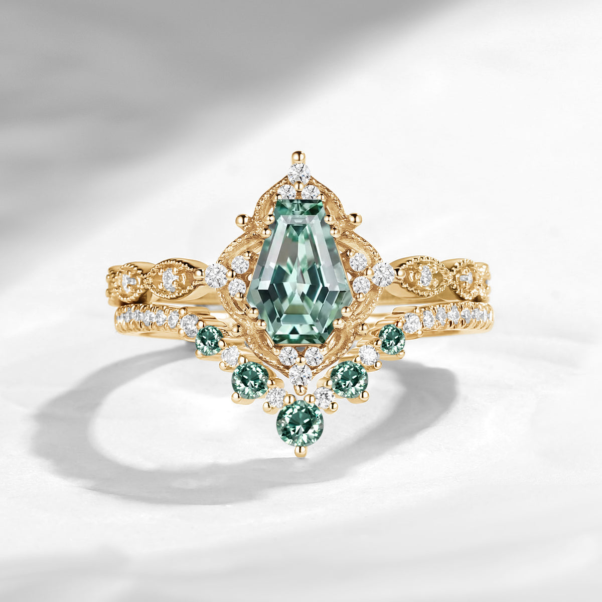 'Helena' - Vintage Coffin Cut Lab Green Sapphire Engagement Ring Set