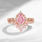 Antique Fantasy Carved Pear Lab Pink Sapphire Engagement Ring 2pcs