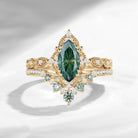 Vintage Firework Cut Marquise Green Moissanite Engagement Ring Set with Milgrain Details
