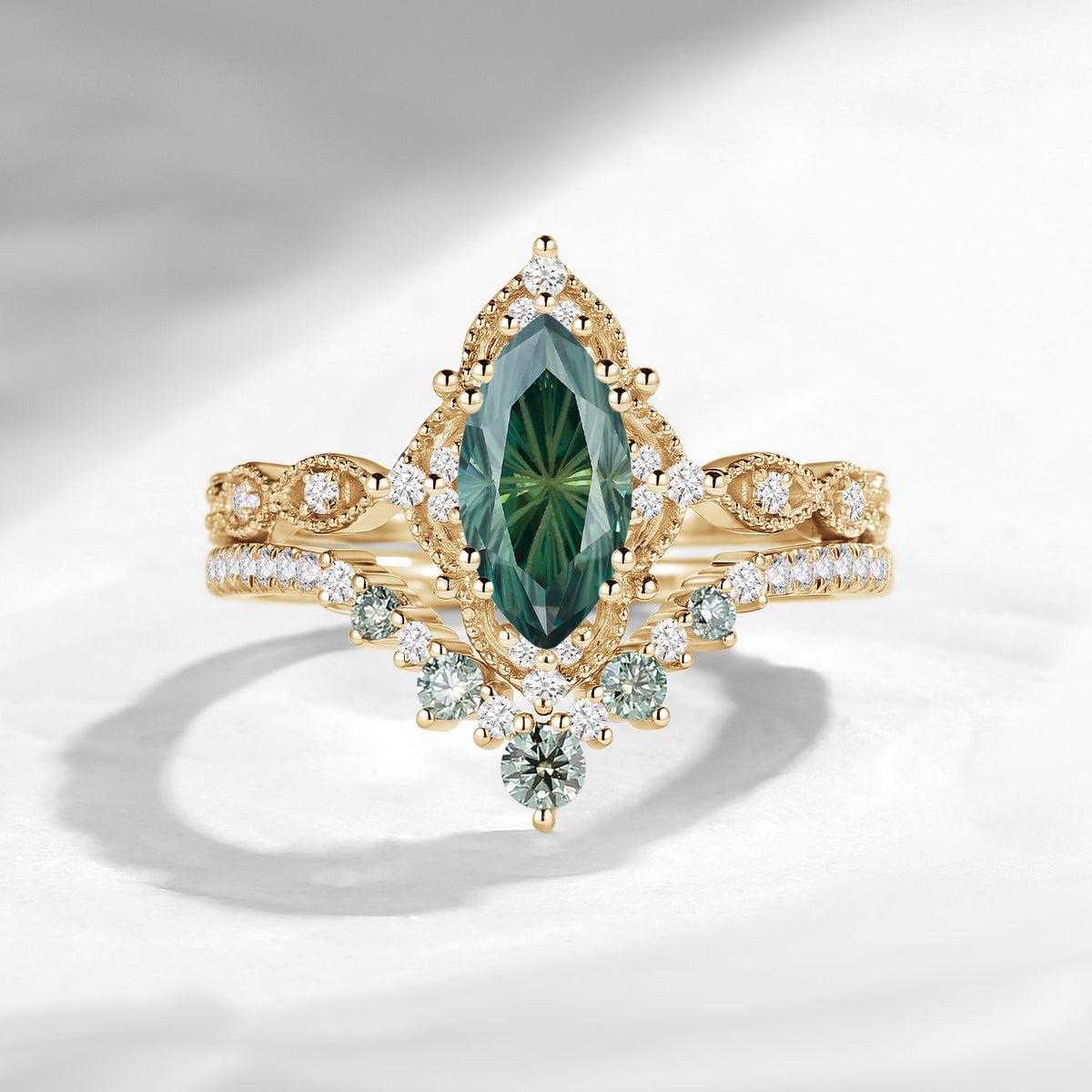 Vintage Firework Cut Marquise Green Moissanite Engagement Ring Set with Milgrain Details
