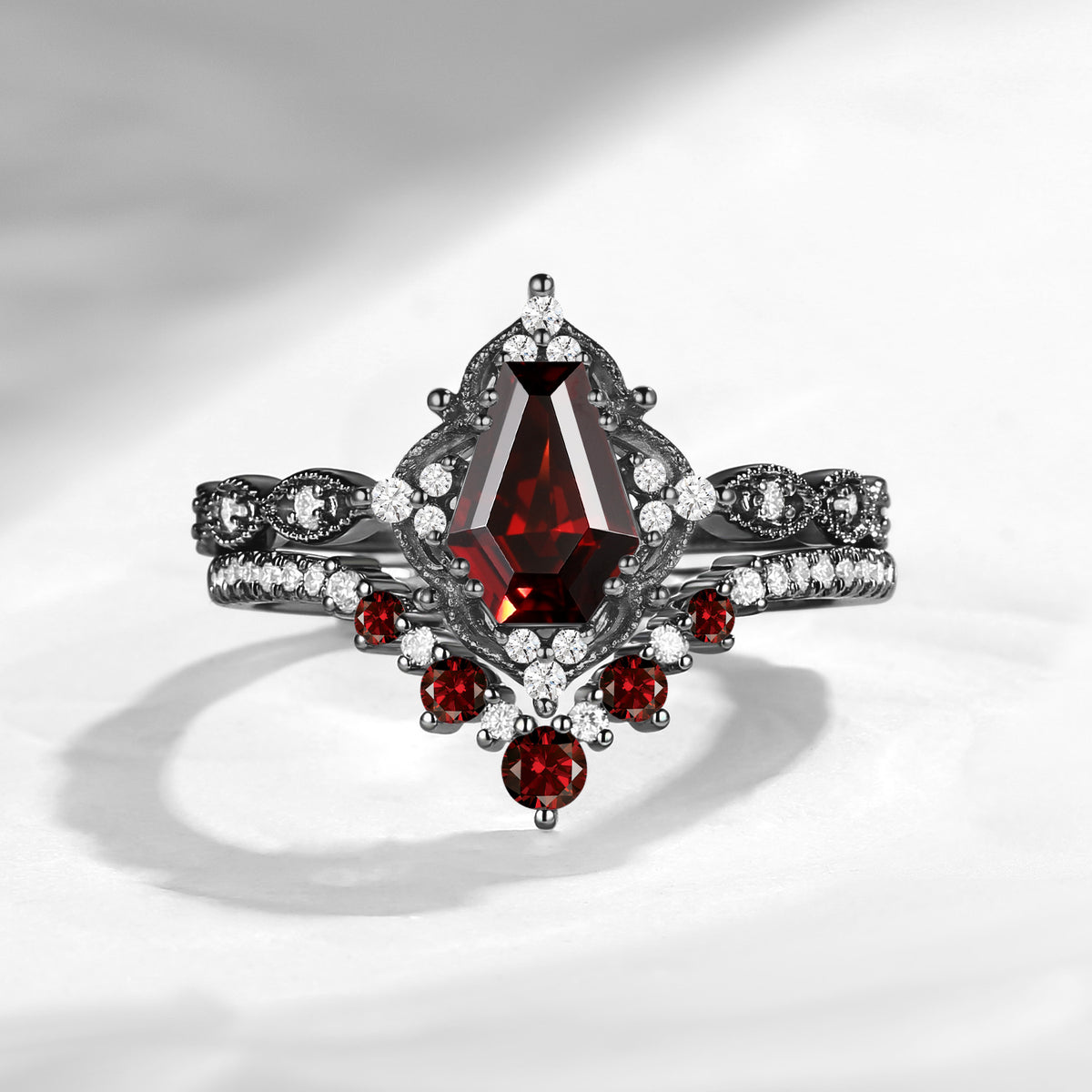 'Helena' - Vintage Coffin Cut Red Garnet Engagement Ring Set
