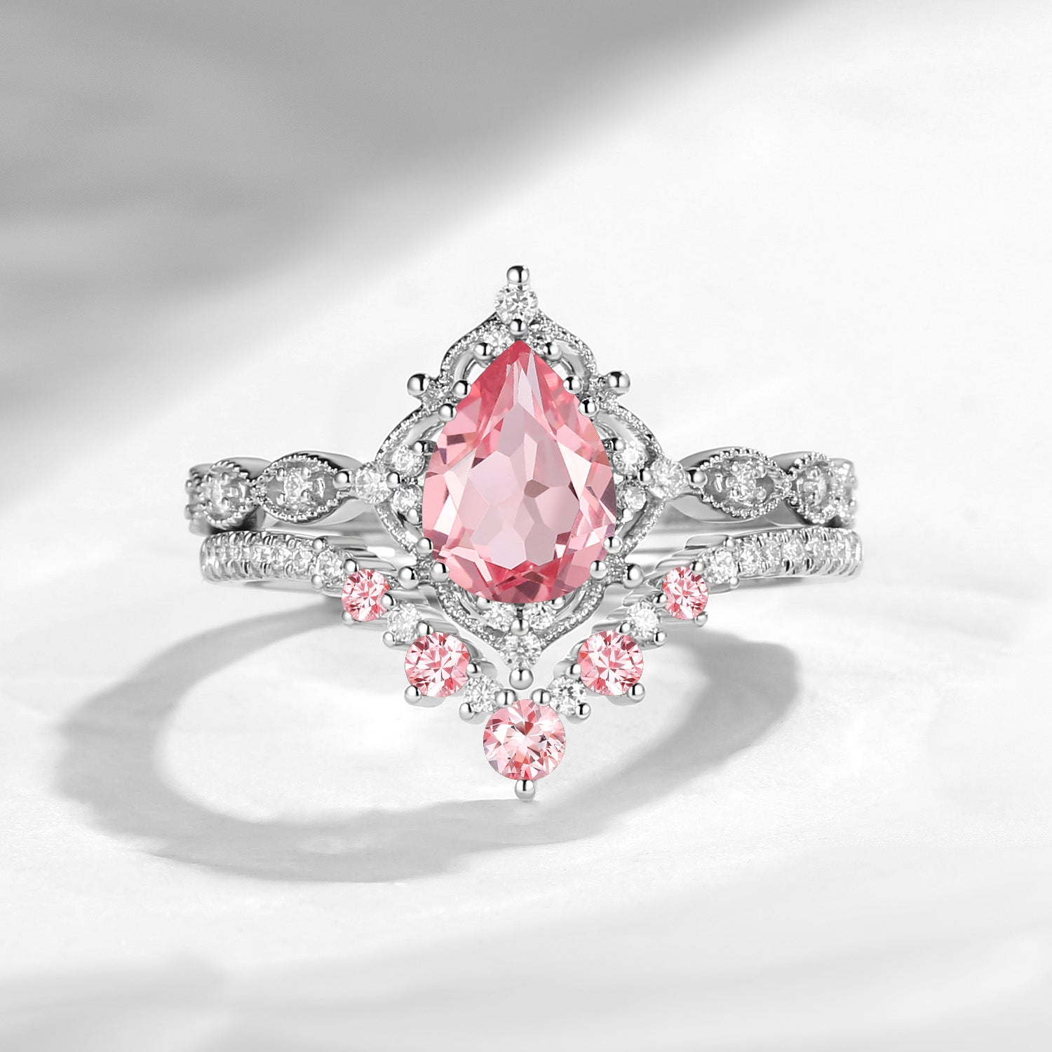 Antique Pear Cut Lab Pink Sapphire Engagement Ring 2pcs
