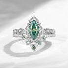 Vintage Marquise Cut Green Moissanite Engagement Ring Set with Milgrain Details