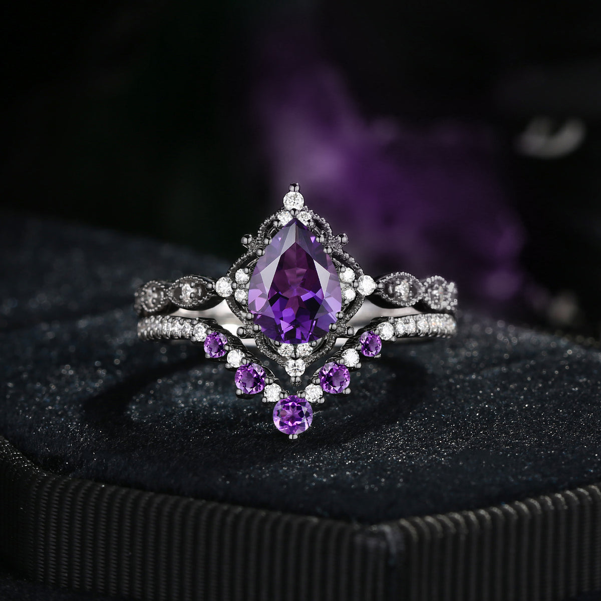 'Elara' - Antique Pear Cut Natural Amethyst Engagement Ring Set in Black Gold