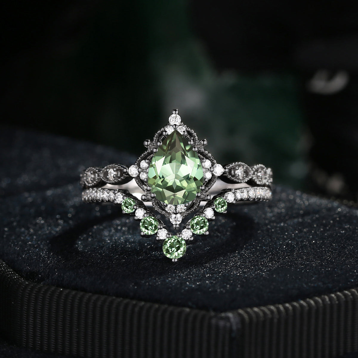 'Elara' - Antique Pear Cut Lab Green Sapphire Engagement Ring Set in Black Gold