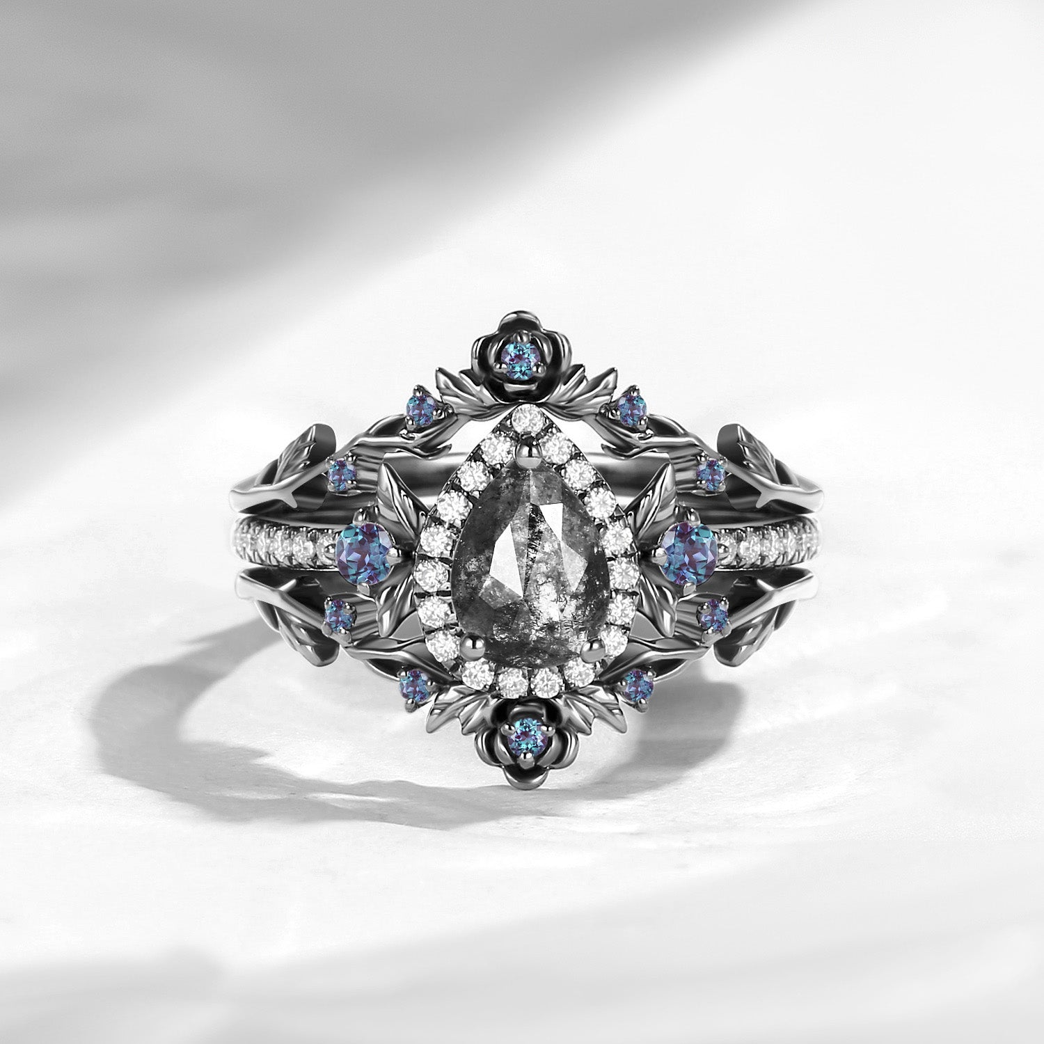 Nature Inspired Pear Cut Salt & Pepper Diamond Halo Engagement Ring Set 3pcs