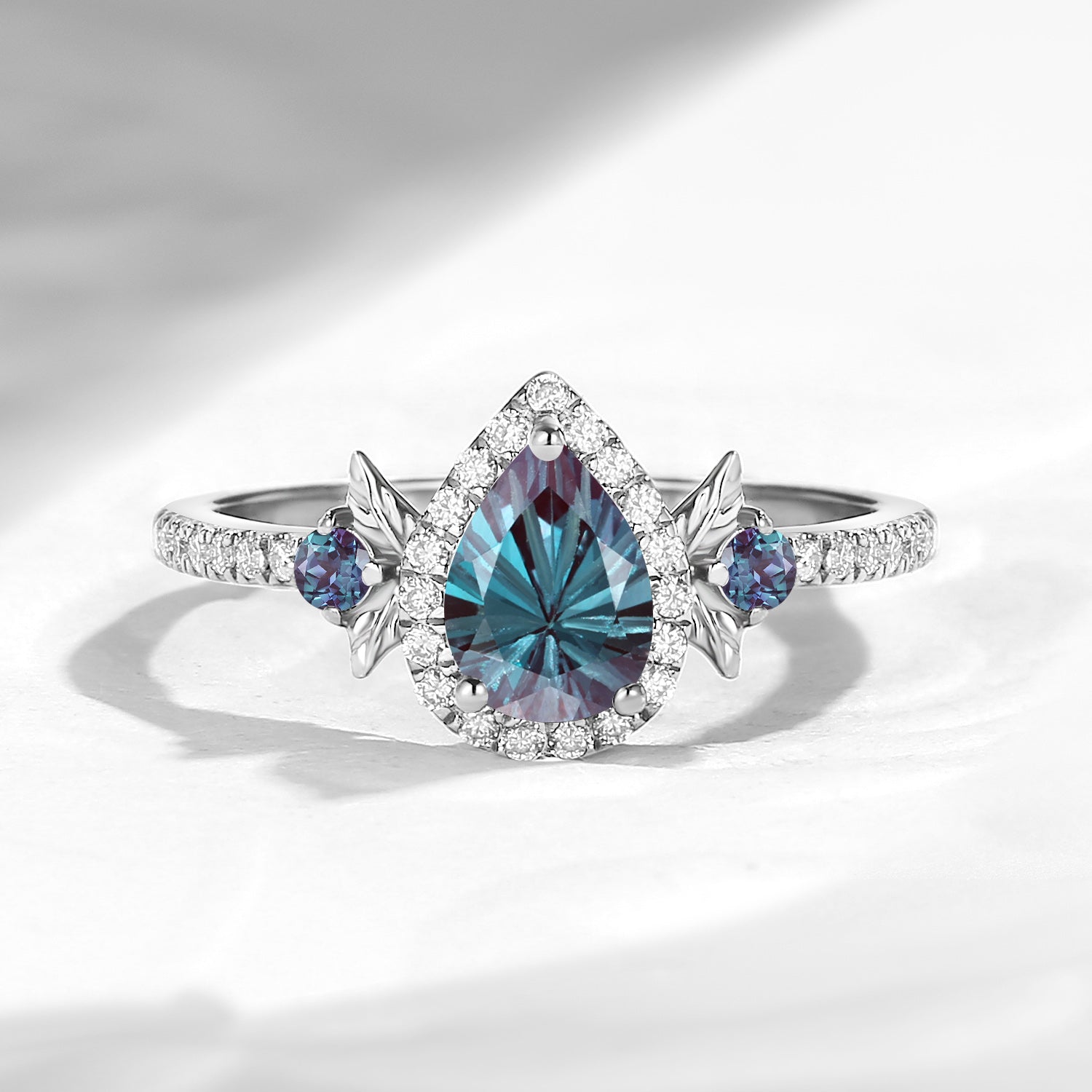 Nature Inspired Firework Cut Pear Shaped Lab Alexandrite 'Thorns & Roses' Halo Leaf Engagement Ring