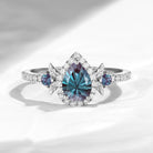 Nature Inspired Firework Cut Pear Shaped Lab Alexandrite 'Thorns & Roses' Halo Leaf Engagement Ring