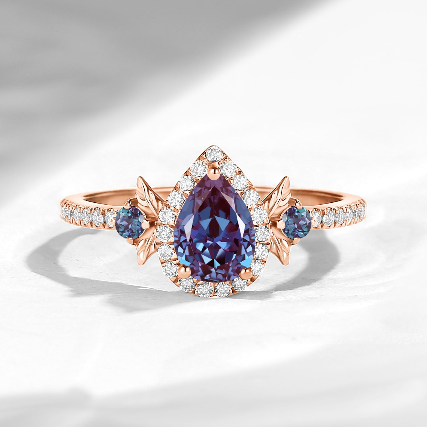 Thorns & Roses - Nature Inspired Pear Lab Alexandrite Halo Engagement Ring with Half Eternity Band