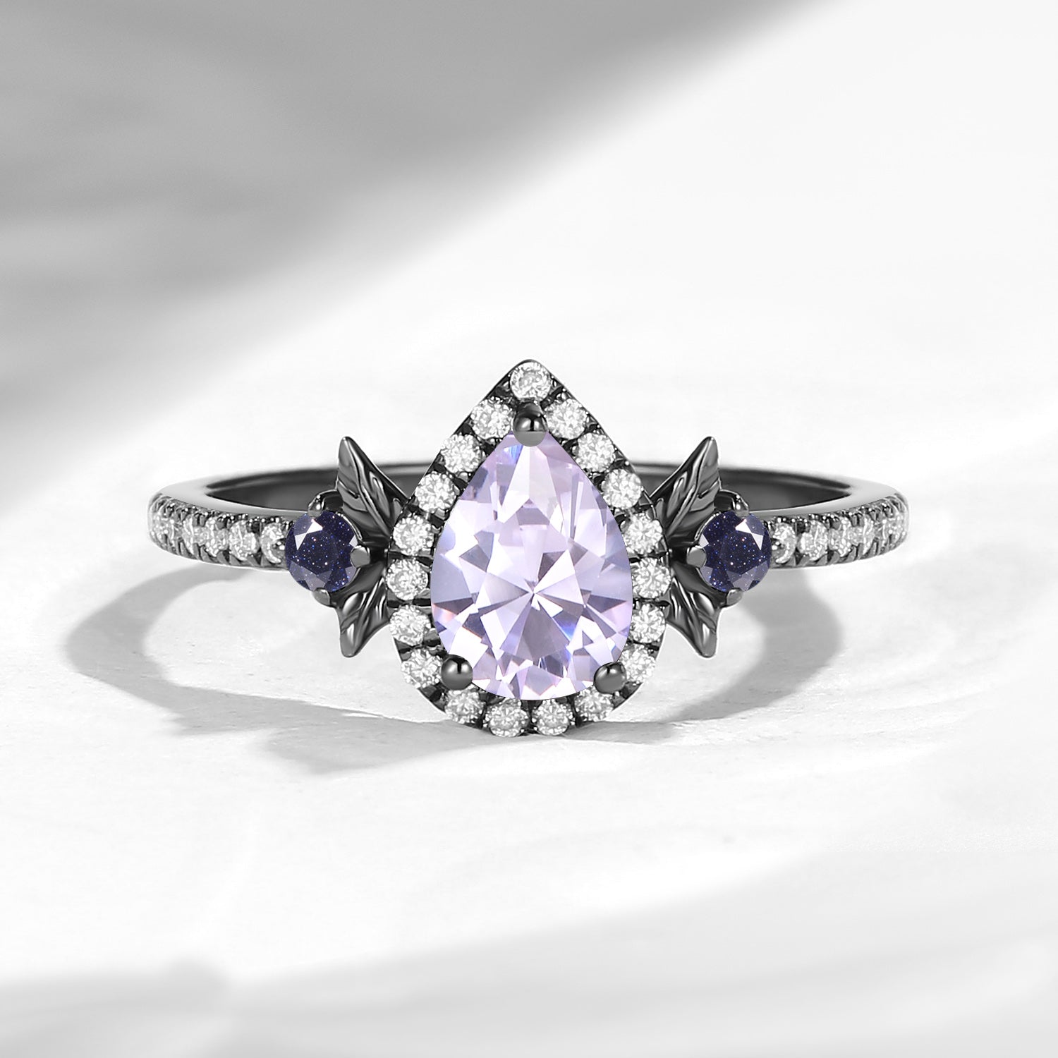 Nature Inspired Pear Shaped Lab Lavender Sapphire 'Thorns & Roses' Halo Leaf Engagement Ring