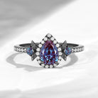 Thorns & Roses - Nature Inspired Pear Lab Alexandrite Halo Engagement Ring with Half Eternity Band