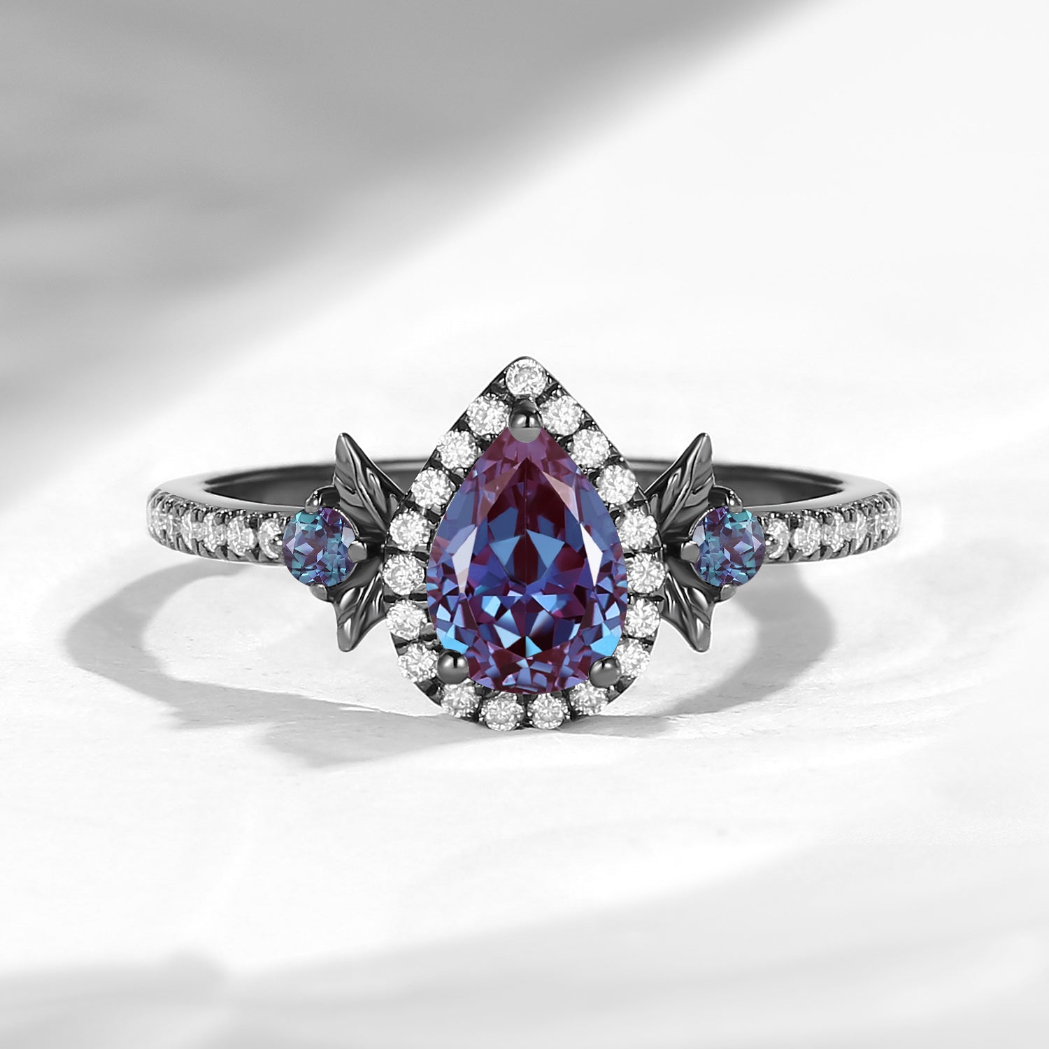 Thorns & Roses - Nature Inspired Pear Lab Alexandrite Halo Engagement Ring with Half Eternity Band