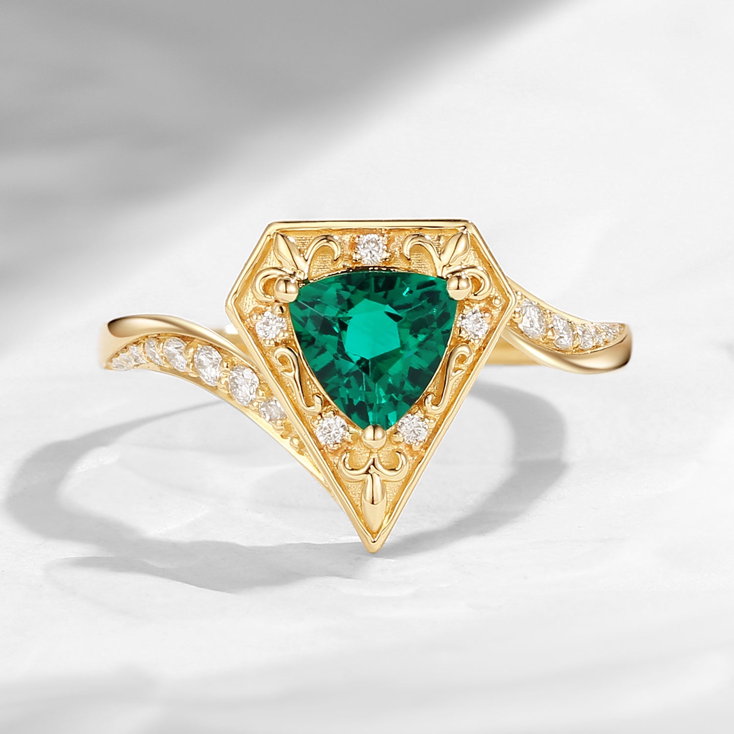 Triangle Cut Lab Emerald 'Fallen Aegis' Vintage Inspired Filigree Gold Engagement Ring