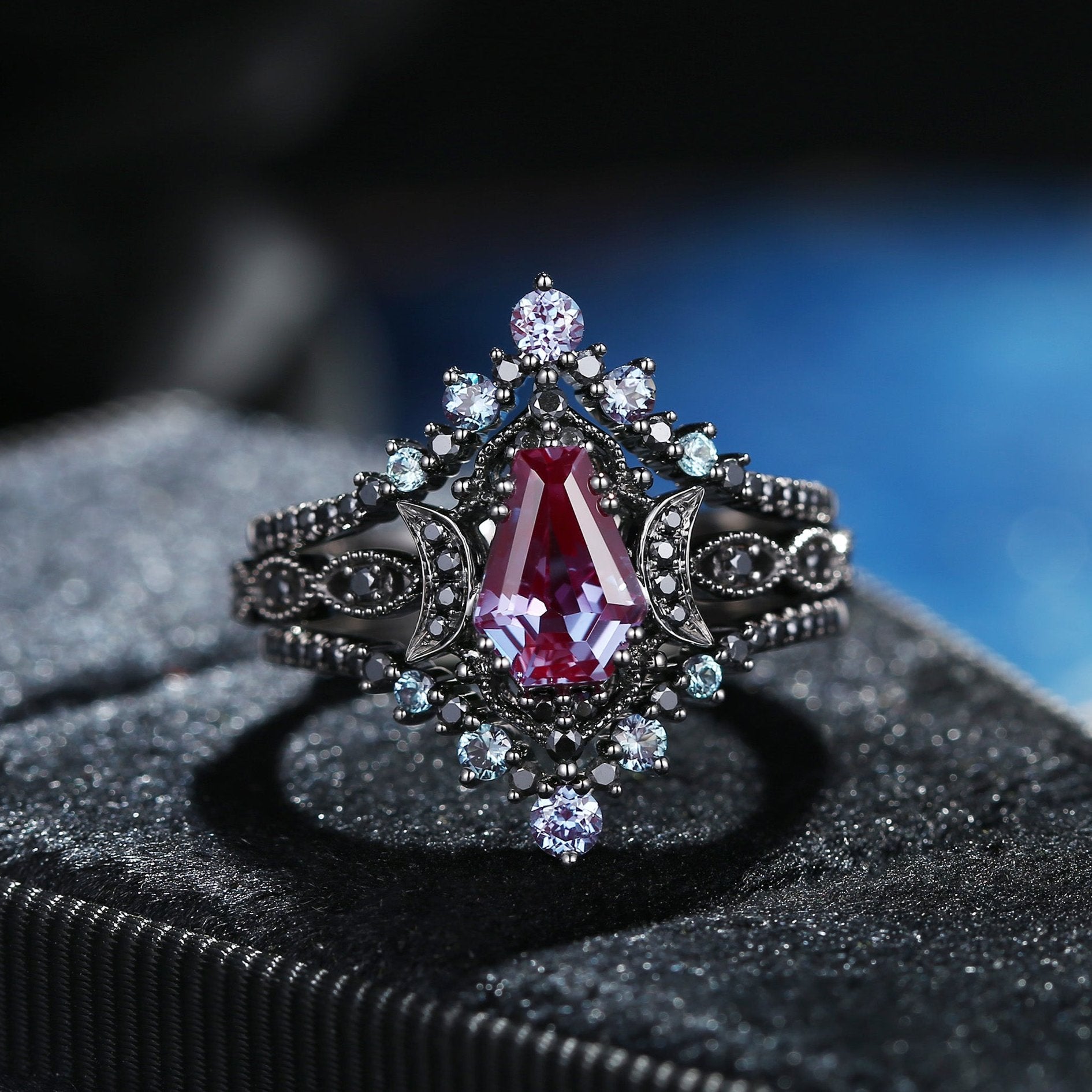 Crescent Moon | Coffin Cut Lab Alexandrite 'Black Statement' Ring Set 3pcs