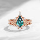 Celtic Moon 'Celestial Moon' - Kite Cut Lab Teal Sapphire Split Band Engagement Ring Set 