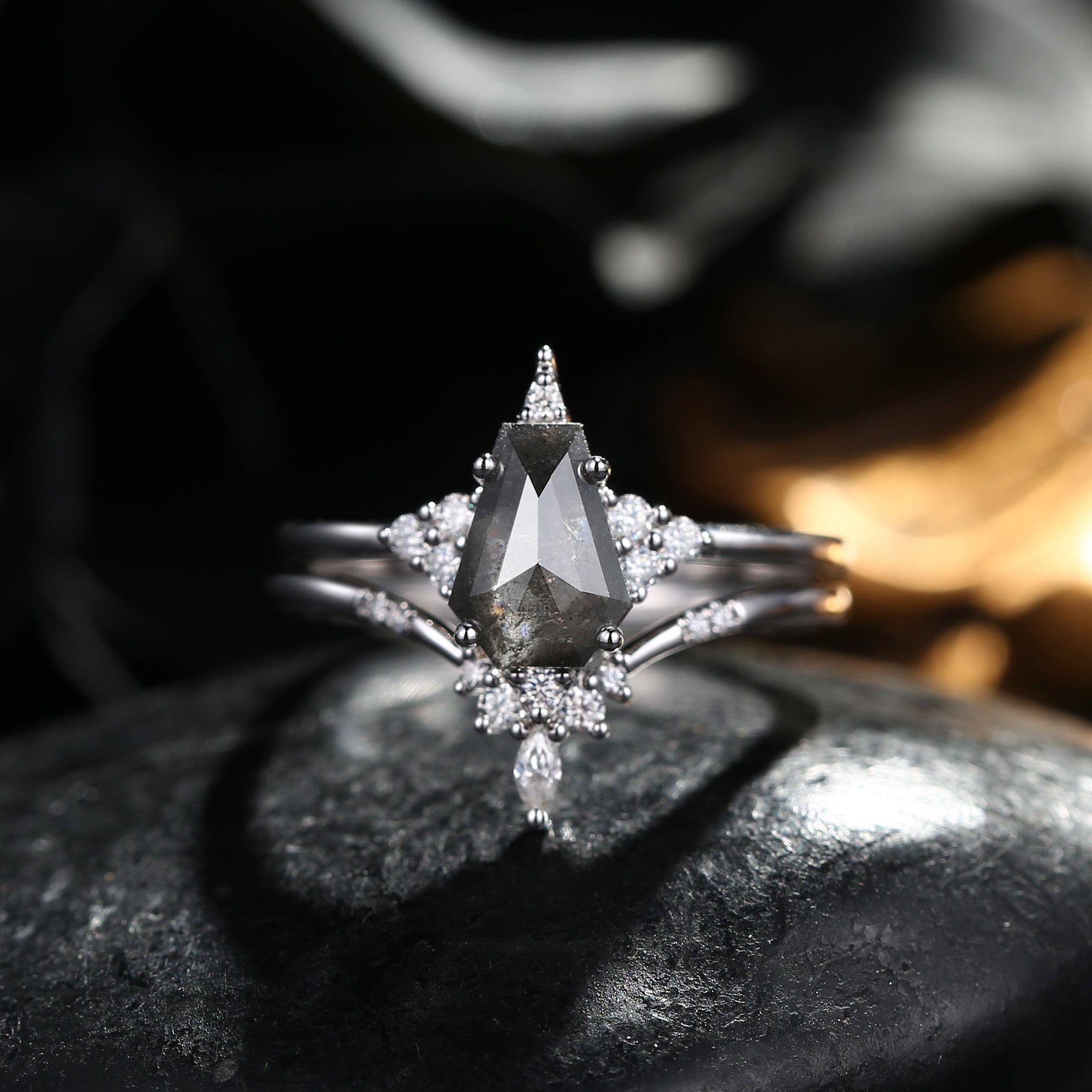 Unique Coffin Salt & Pepper Diamond Engagement Ring Star Ring Set 2pcs - Coffin Kite