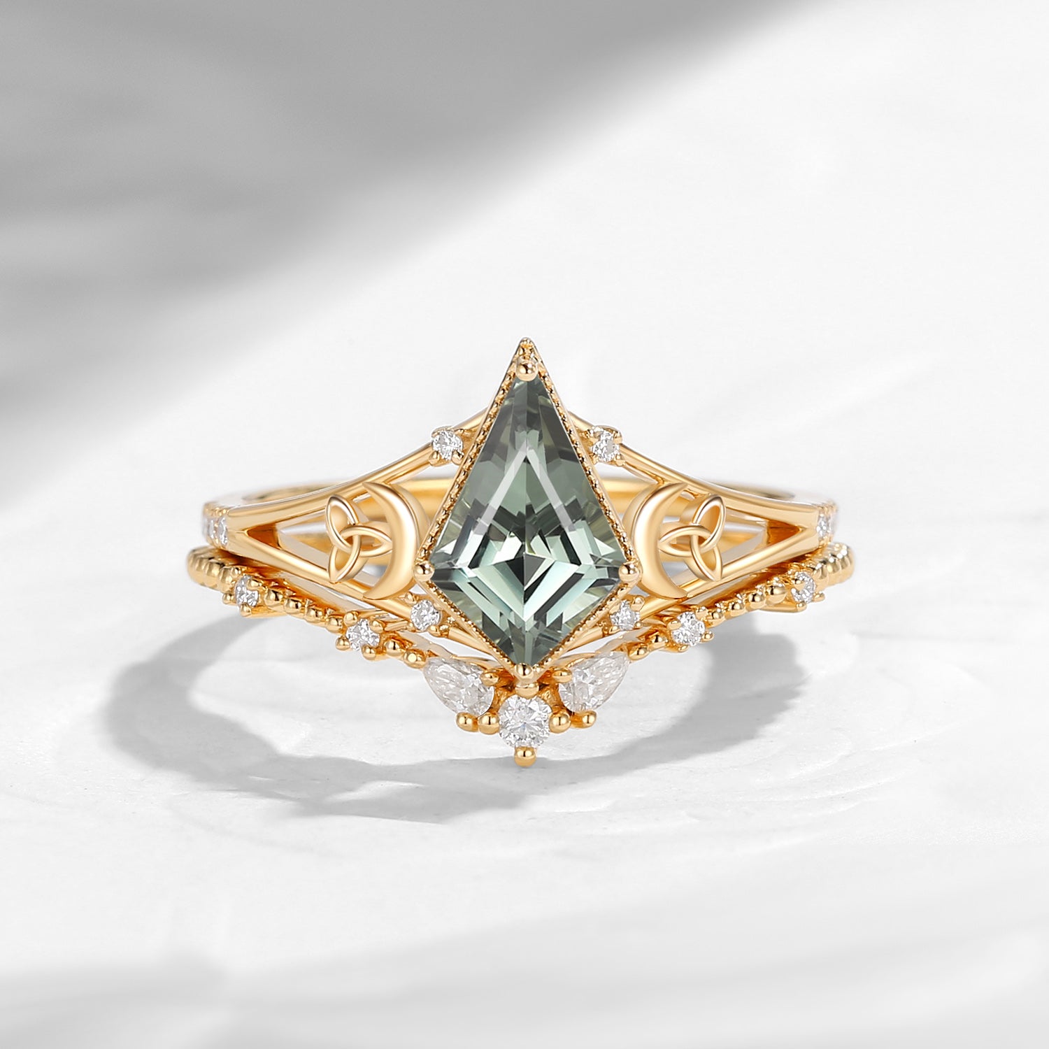 Celtic Moon | Kite Cut Lab Teal Sapphire 'Celestial Moon' Split Band Engagement Ring Set 2pcs