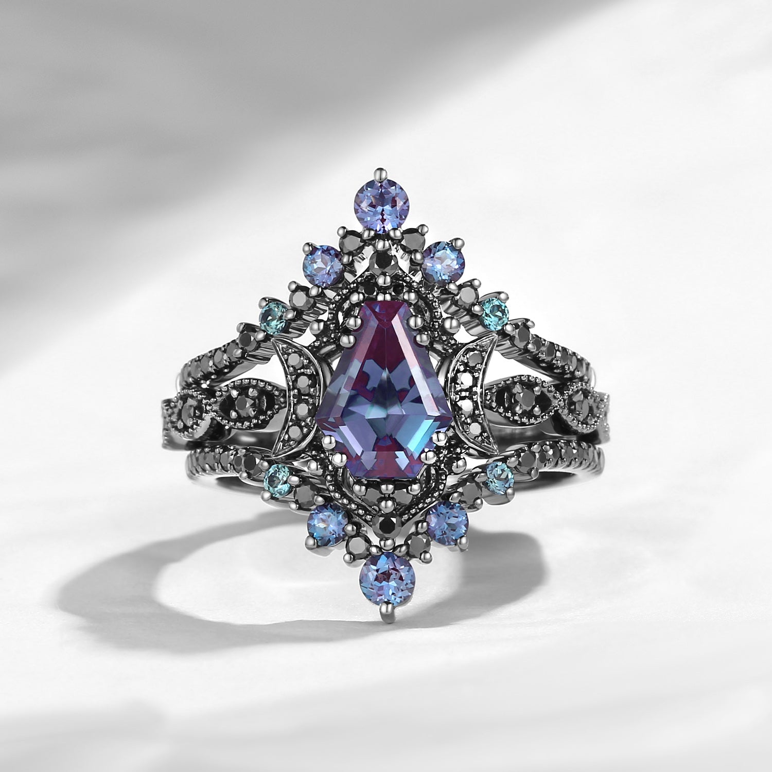 Crescent Moon | Coffin Cut Lab Alexandrite 'Black Statement' Ring Set 3pcs