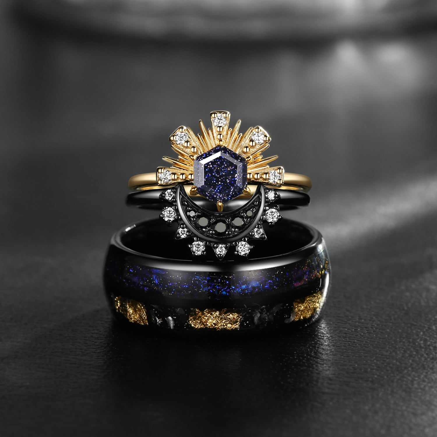 Retro Sun & Moon Two-Toned Ring & Double Electroplated Band Couple Ring Set